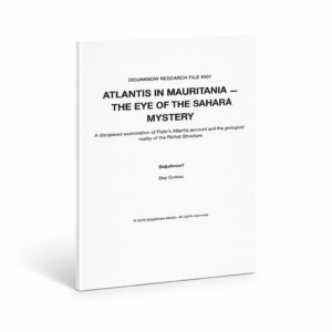 Cover of “Atlantis in Mauritania — The Eye of the Sahara Mystery” standard research file by DidjaKnow Media, showing the publication title and subtitle on a clean white background.