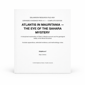 Cover of “Atlantis in Mauritania — The Eye of the Sahara Mystery” Expanded Evidence Pack by DidjaKnow Media, showing the publication title, subtitle, and edition designation on a clean white background.