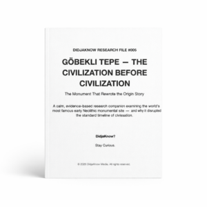 Cover of the DidjaKnow standard research file “Göbekli Tepe — The Civilization Before Civilization,” minimalist white document design presenting an evidence-based archaeological study.