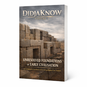 Book cover of DidjaKnow — Volume I: Unresolved Foundations of Early Civilisation, showing ancient stone architecture under an overcast sky.