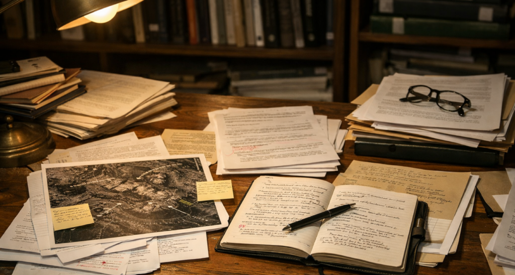 Documentary researcher analysing historical evidence and investigation notes during the documentary research process.