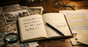documentary research desk examining unresolved historical evidence.