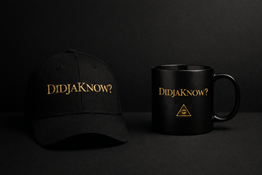 Matte black DidjaKnow cap and ceramic mug with gold wordmark and pyramid-eye emblem on dark background