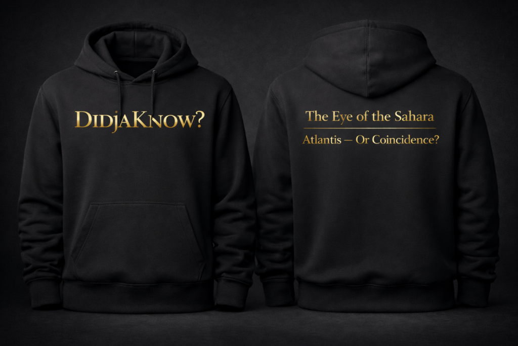 Matte black DidjaKnow Episode 01 hoodie showing front ‘DidjaKnow?’ gold wordmark and back text ‘The Eye of the Sahara — Atlantis or Coincidence?'