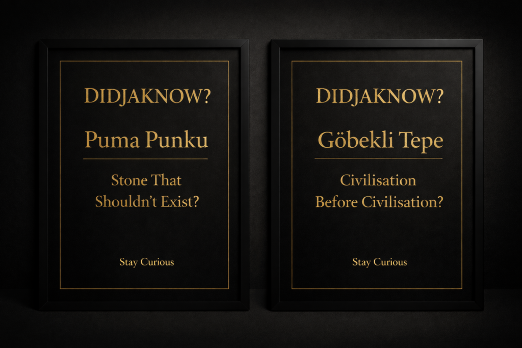 Two framed DidjaKnow posters in black and gold featuring ‘Puma Punku — Stone That Shouldn’t Exist?’ and ‘Göbekli Tepe — Civilisation Before Civilisation?