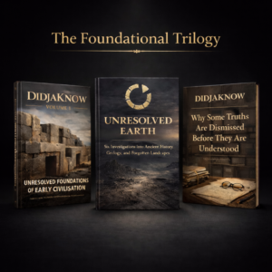 DidjaKnow Foundational Trilogy book display featuring three hardcover volumes — Unresolved Foundations of Early Civilisation, Unresolved Earth, and Why Some Truths Are Dismissed Before They Are Understood — presented against a dark cinematic background with gold typography.