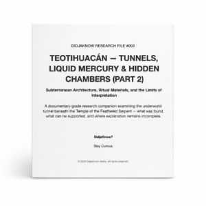 Cover of DidjaKnow Research File #003 titled “Teotihuacán — Tunnels, Liquid Mercury & Hidden Chambers (Part 2),” a documentary-grade archaeological research PDF examining the underground tunnel beneath the Temple of the Feathered Serpent.