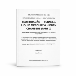 Cover of DidjaKnow Research File #003 Expanded Evidence Pack v1.1 titled “Teotihuacán — Tunnels, Liquid Mercury & Hidden Chambers (Part 2),” a documentary-grade archaeological research PDF examining the underground tunnel beneath the Temple of the Feathered Serpent.