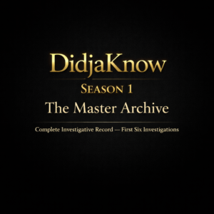 DidjaKnow Season 1 — The Master Archive cover image featuring gold serif typography on a near-black background reading “Complete Investigative Record — First Six Investigations.”