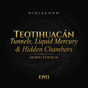 EP03 Teotihuacán Tunnels Liquid Mercury and Hidden Chambers Official Audio Edition cover with gold typography on dark textured background — DidjaKnow Media