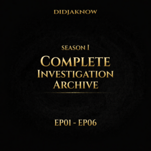 DidjaKnow Season I Complete Investigation Archive EP01–EP06 master collection cover in gold serif typography on black background