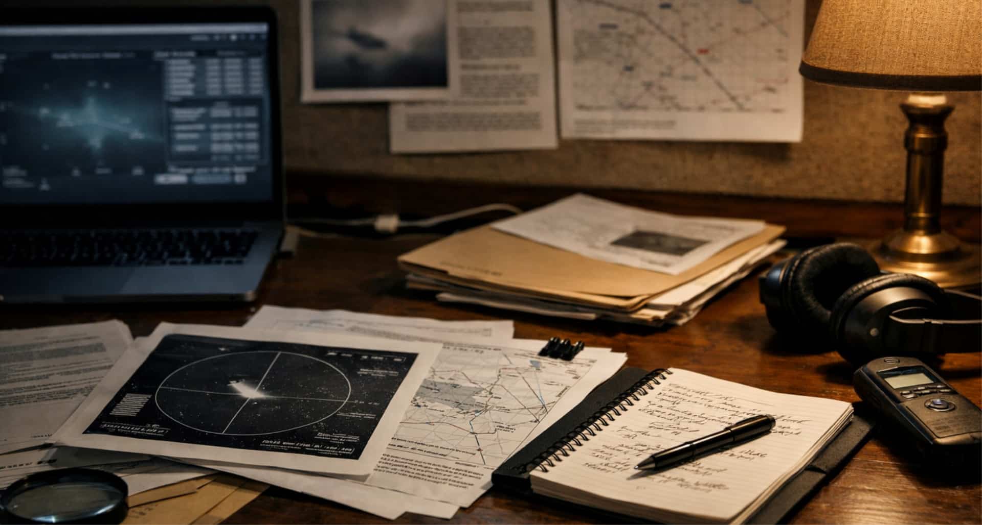 Documentary-style investigation workspace with documents, data screens, and analysis materials representing modern unexplained events.