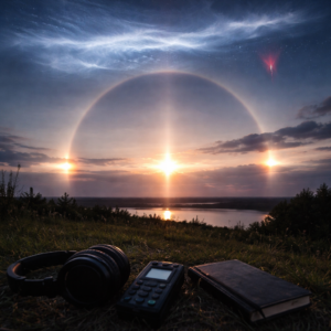 Atmospheric anomalies including a halo and sundogs surrounding the sun over a natural landscape