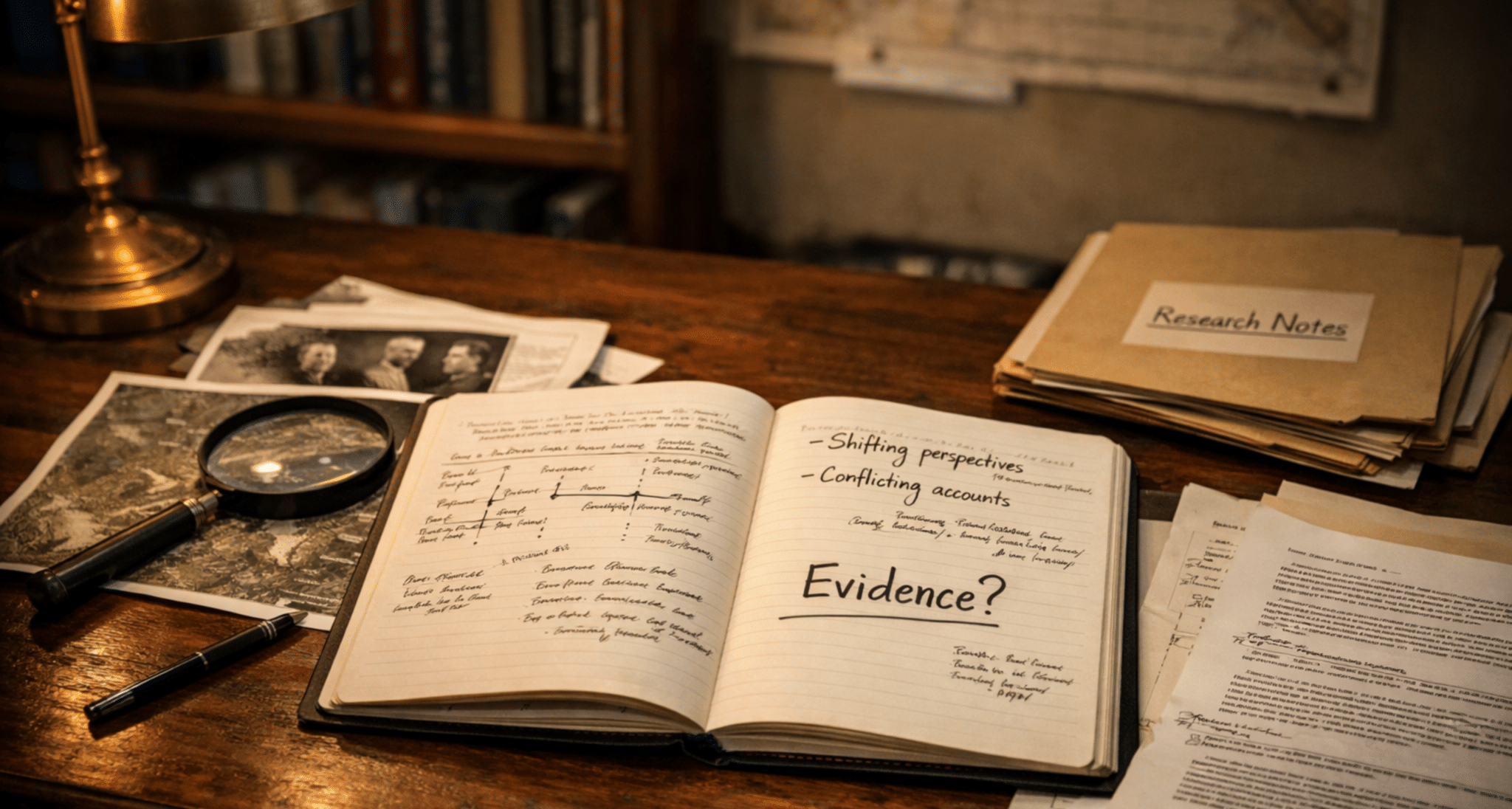 Documentary research desk showing investigative notes and historical evidence examination for DidjaKnow Media investigations.