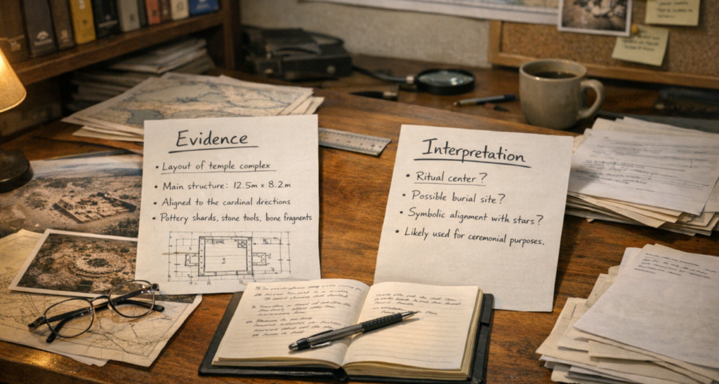 Documentary researcher analysing archaeological evidence and interpretation notes during investigation.