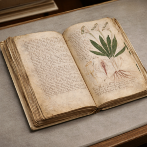 Voynich Manuscript open illustrated pages showing unreadable script, botanical drawings, and circular diagram sections
