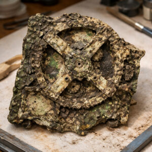 Antikythera Mechanism corroded bronze fragments and exposed gears recovered from the ancient Mediterranean shipwreck