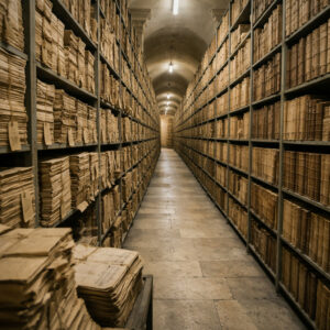 Vatican Secret Archives with long archival shelving and guarded historic records inside the Vatican repository