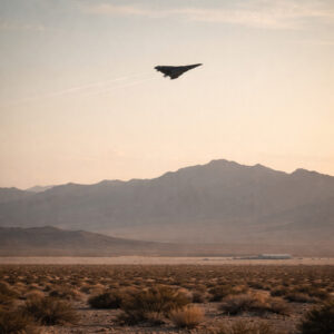classified aviation experiments with a dark stealth aircraft flying through a remote desert sky at dusk