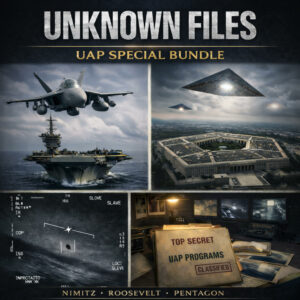 military UAP encounters bundle featuring fighter jet and aircraft carrier, Pentagon with unidentified objects, radar tracking screen, and classified UAP investigation documents