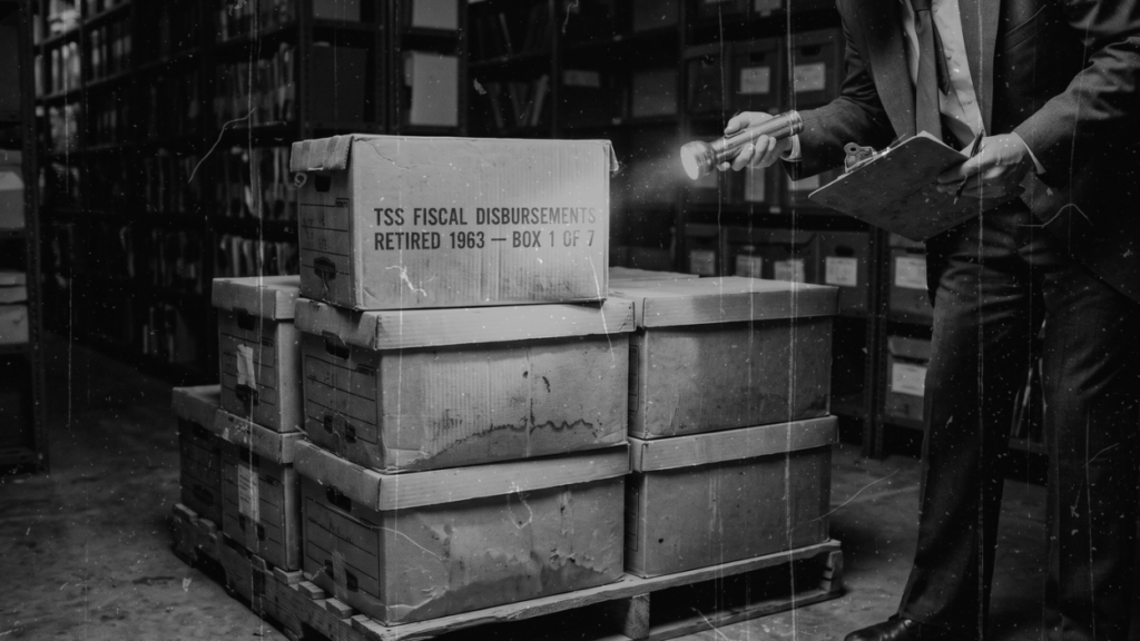 Dramatized reconstruction of an investigator examining archive boxes representing surviving MKUltra financial records.