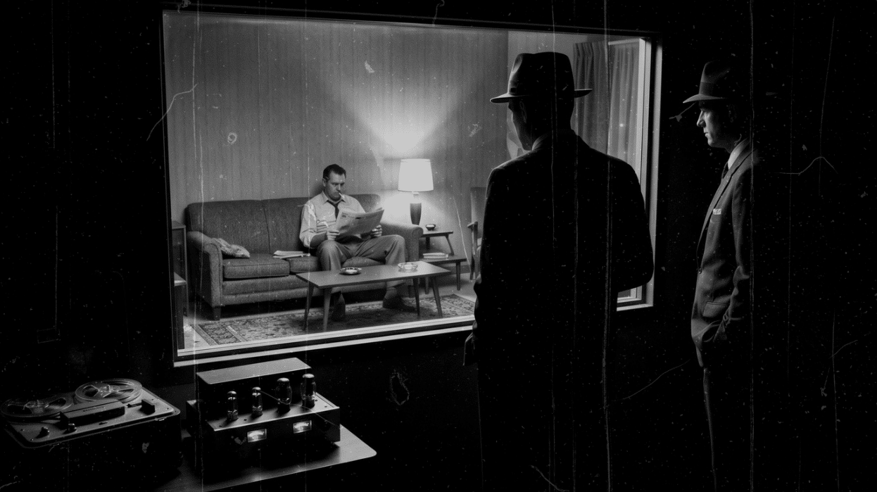 Reconstruction showing two observers watching a man through a one-way window in a 1950s apartment.