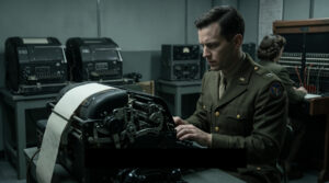 Dramatised reconstruction of an American military communications officer transmitting intelligence during the 1947 Unit 731 investigation
