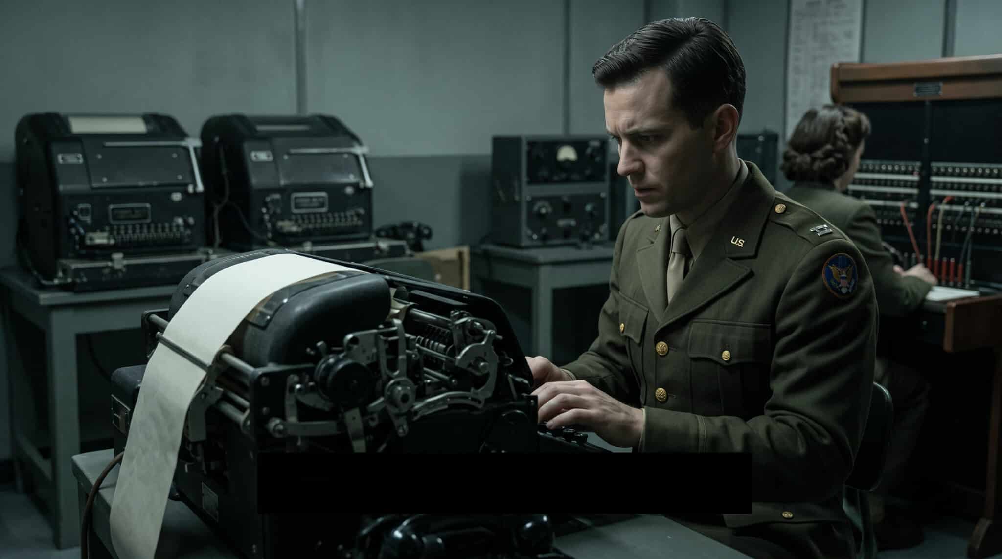 Dramatised reconstruction of an American military communications officer transmitting intelligence during the 1947 Unit 731 investigation