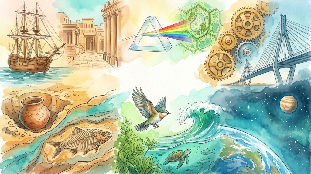 Watercolor montage of a sailing ship, ancient ruins, pottery, a fossil, a prism, cells, gears, a bridge, wildlife, ocean life, Earth, and space.