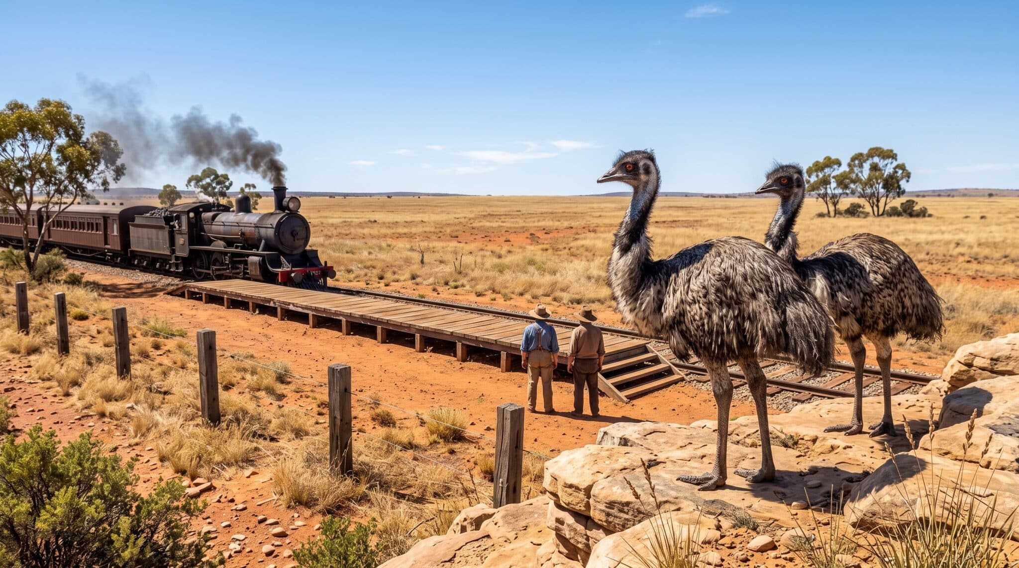 Watercolor illustration of Kevin and his emu mate overlooking a rural railway station as three soldiers arrive for the 1932 Emu War.