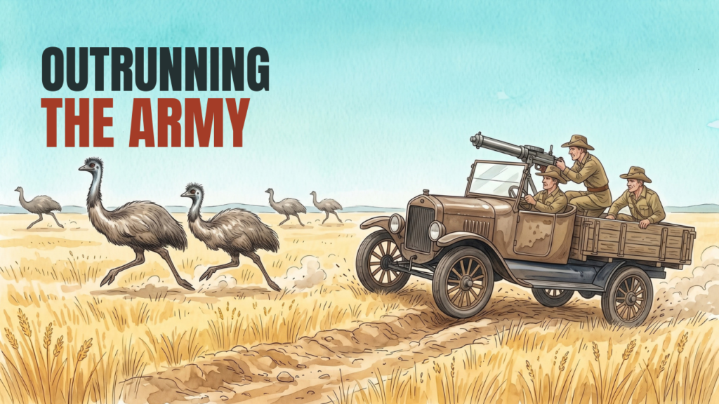 Three soldiers, two machine guns, and thousands of emus. Follow the extraordinary events of Australia’s 1932 Emu War, with Kevin and his mates providing an imagined bird’s-eye view of the humans’ plans.